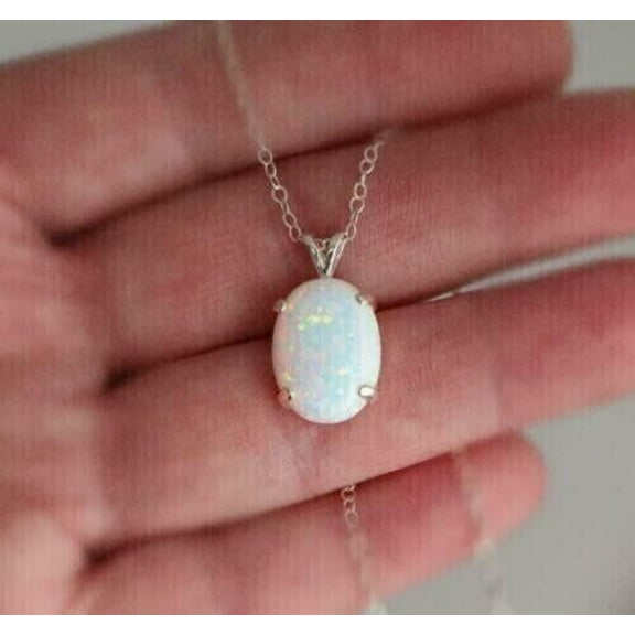 Om Jewels 2 Ct Solitaire Oval Cut Lab Created Opal Pendant w/ Chain 14K White Gold Plated