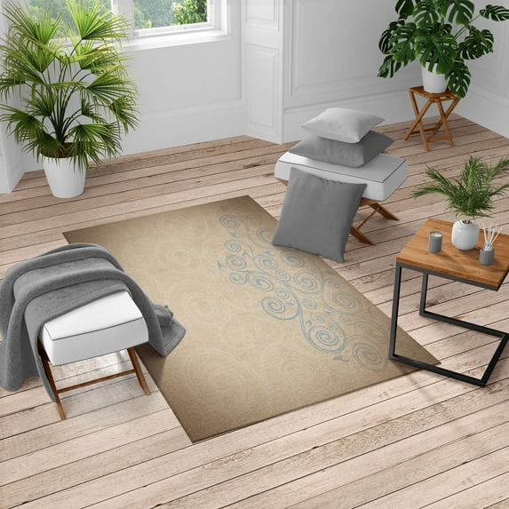 Ornamental Turkish Area Rug, Floral Swirls Ivy Image Ombre Details Grunge Backdrop Flower Illustration, Soft Carpet for Living Room Decor with Distressed Look, 5.2' X 7.6', Ecru Grey, by Ambesonne