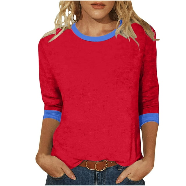 hotojiny Hauts pour Femmes Décontractés Manches 3/4 Col Rond Chemises Amples Mode Tunique à Blocs de Couleur Blouses d'Été Tendance 2025