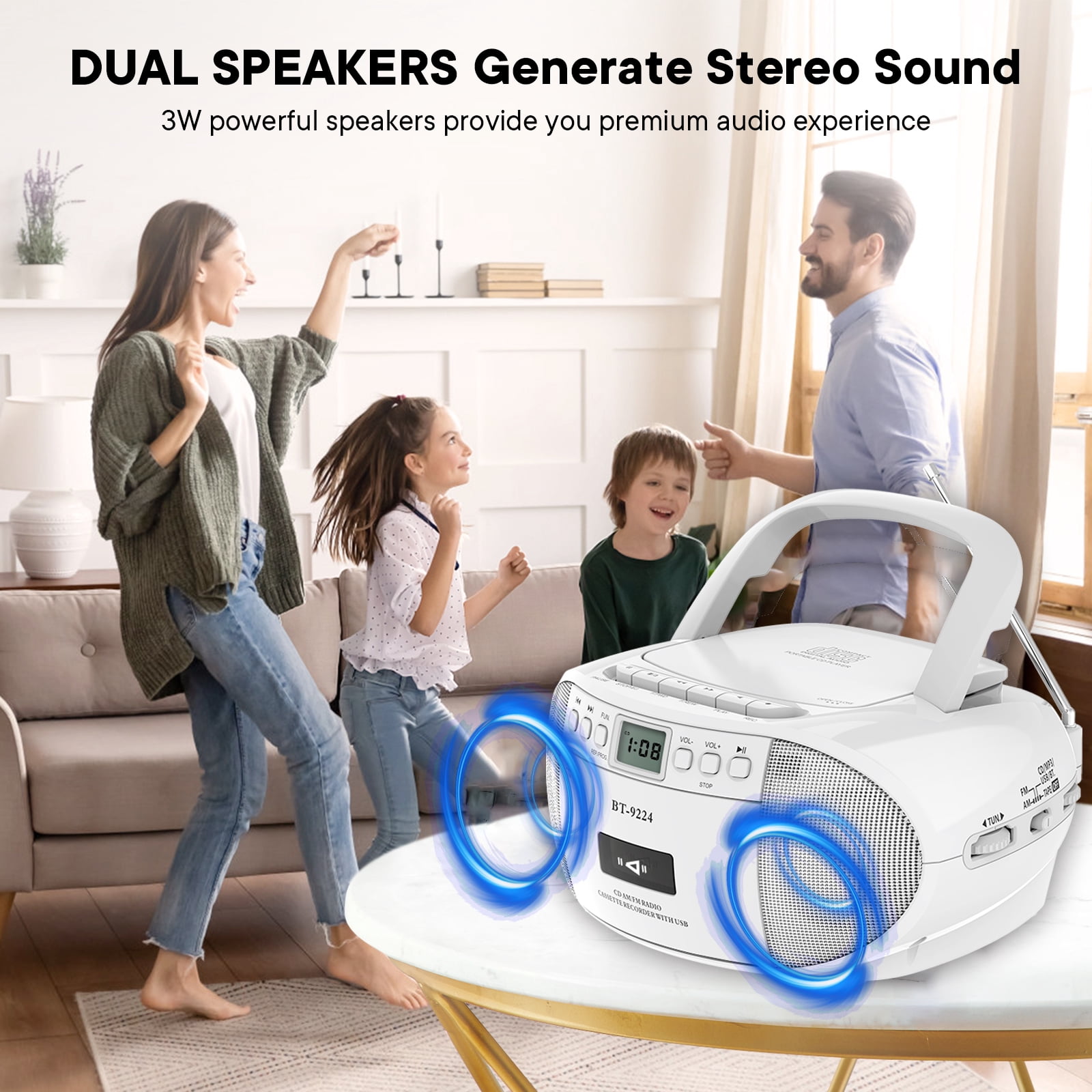 Boombox CD and Cassette Player,Casette Tape Recorder with Remote,AM FM Radio, USB Playback with Earphone Jack, 5.1V Bluetooth Speaker, Battery Operated or AC Powered for Home