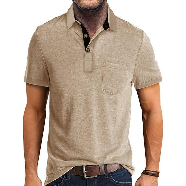 Daeful Hauts d'Été pour Hommes Col à Revers T-Shirts Golf Manches Courtes Coupe Classique Polo Abricot 3TG