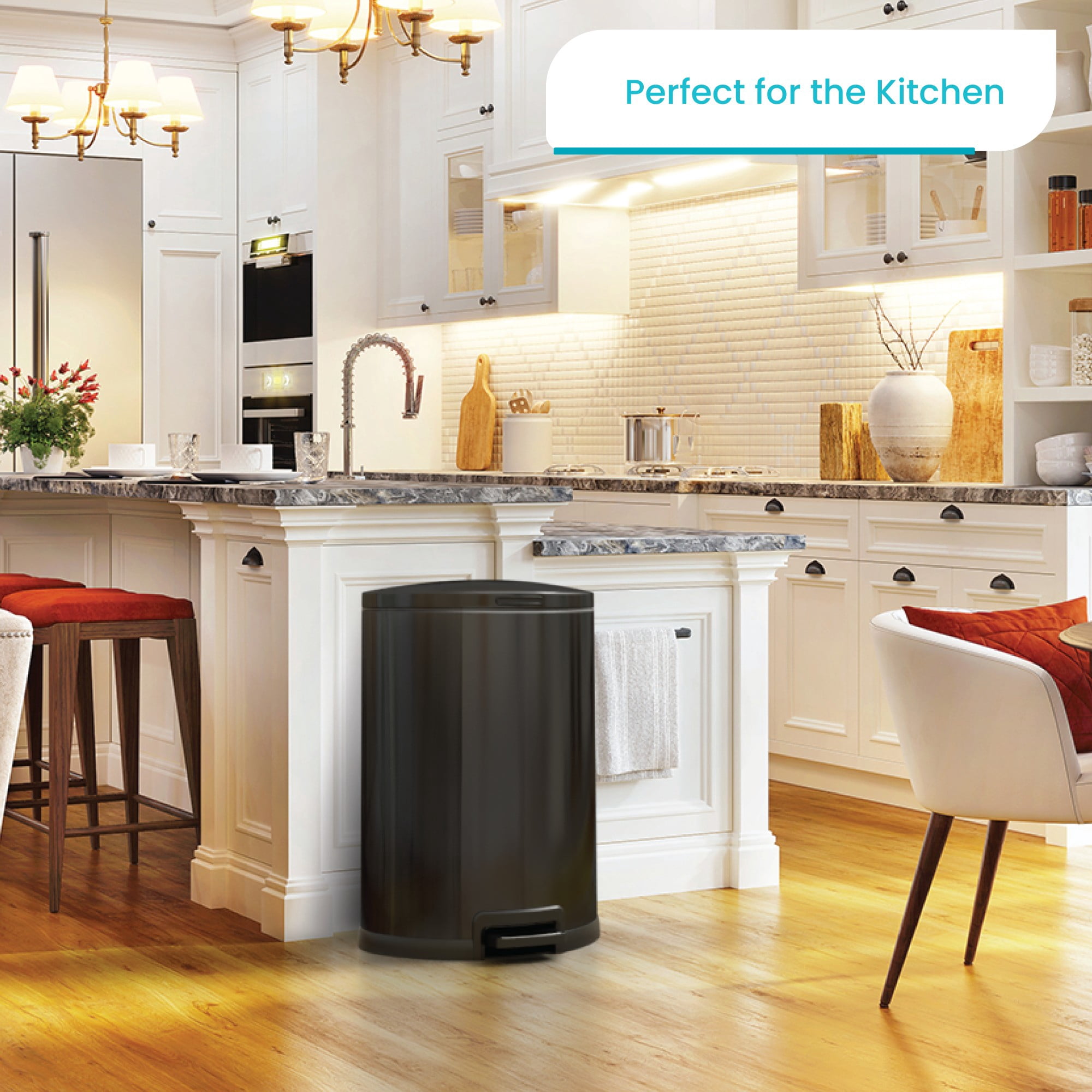 Home Zone Living 12 Gallon Semi-Round Stainless Steel Kitchen Trash Can with Step Pedal and Soft Close Lid, Black