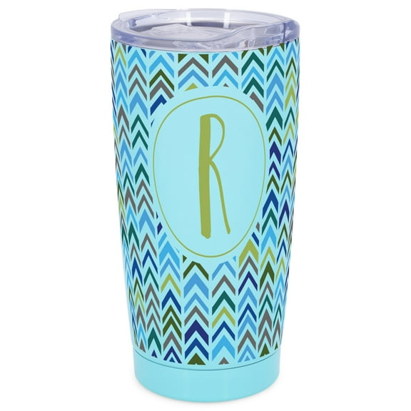 Elanze Designs R Monogram Herringbone Arrows Wrap-Around Design 20 Ounce Stainless Steel On-The-Go Coffee Mug, Thermal Travel Tumbler with Leak Resistant Slide Lid, Sky Blue