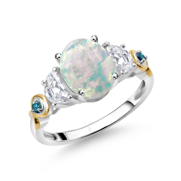 Gem Stone King 925 Silver and 10K Yellow Gold 3-Stone Ring Oval Cabochon White Simulated Opal and Moissanite (1.51 Cttw, Size 7)