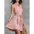 thumbnail image 3 of Women's Sleeveless Backless Mini Halter Deep Neck Tie Dress for Daily Wear Pink L, 3 of 5