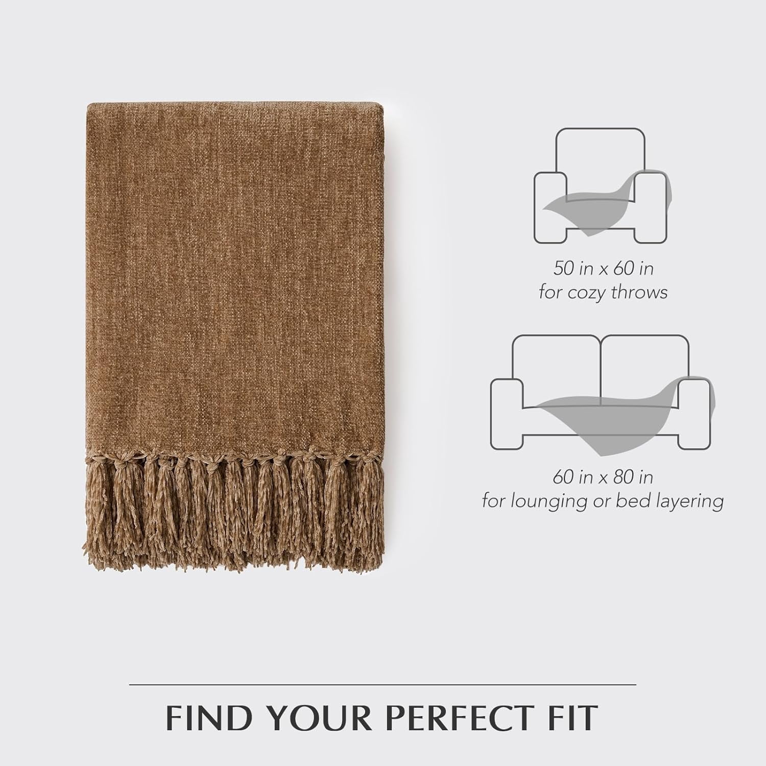EVERGRACE Soft Chenille Throw Blanket for Couch, Cozy Plush Fuzzy Decorative Chenille Knit Throw Blanket with Tassels, Lightweight Blanket and Throws for Bed Sofa Gift Home Decor, Khaki 50"x60"