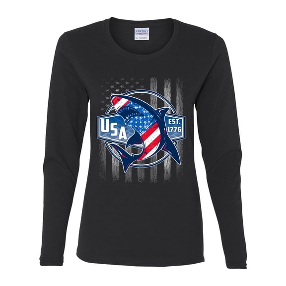 Wild Bobby Great White Shark USA Since 1776 Women Graphic Long Sleeve Tee