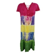 Mogul Women's Sundress Tie Dye Dress Colorful Embroidered Cap Sleeve Rayon Casual Dresses