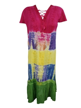 Mogul Women's Sundress Tie Dye Dress Colorful Embroidered Cap Sleeve Rayon Casual Dresses