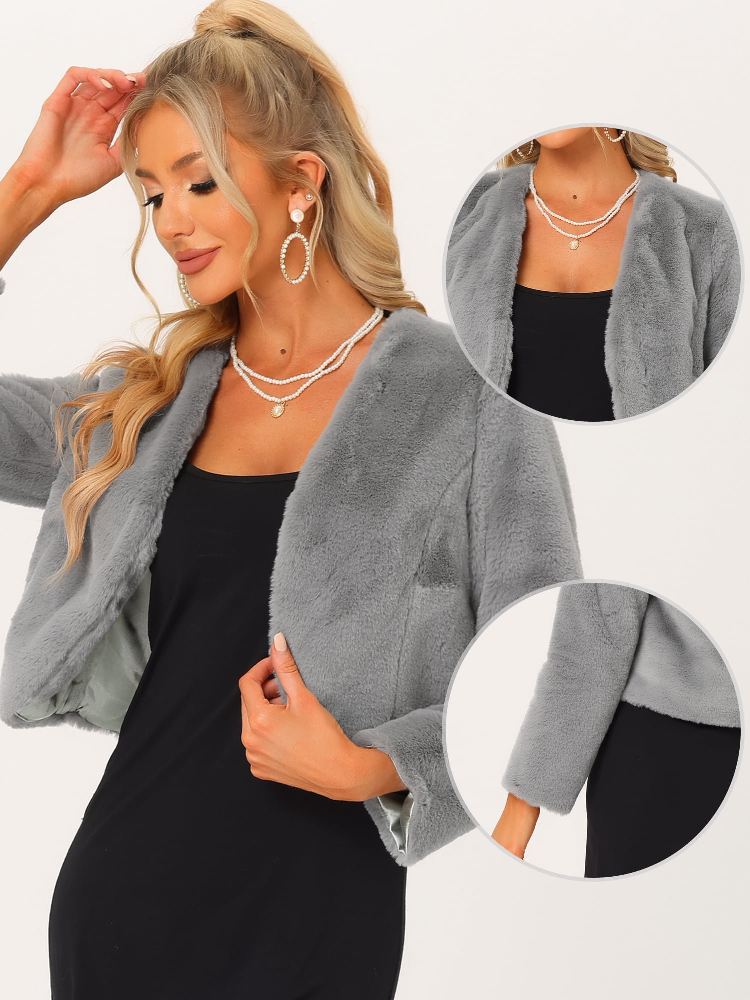 DARING DIVA Women's Faux Fur Cropped Open Front Jacket Bolero Coat M Gray