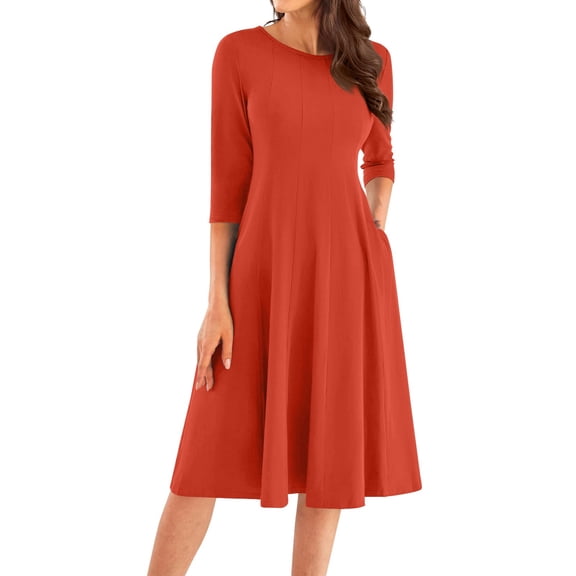 LISTHA Women's A-Line Swing Midi Dress 3/4 Sleeve Casual Formal Saffron L