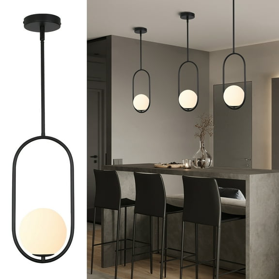 SeeU Modern Pendant Light Fixture, Black Globe pendant lighting, One Light Chandelier Indoor Hanging Light Fixture for Kitchen Island Dinning Room Bedroom