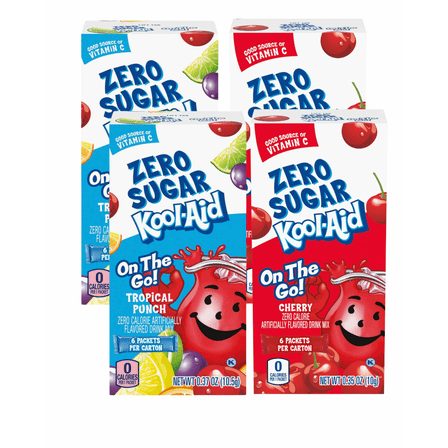 Kool-Aid Zero Sugar On-The-Go Drink Mix Variety Pack – Cherry & Tropical Punch (6 Packets- 2 Each)