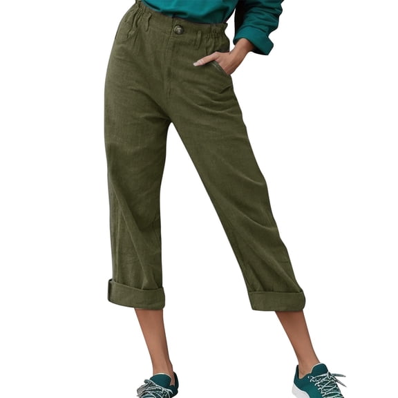 Charmgo Womens Capris for Summer, Womens Casual Elastic Waist Drawstring Pants Cotton Pants Wide Leg Work Pants, Linen Pants for Women Army Green L