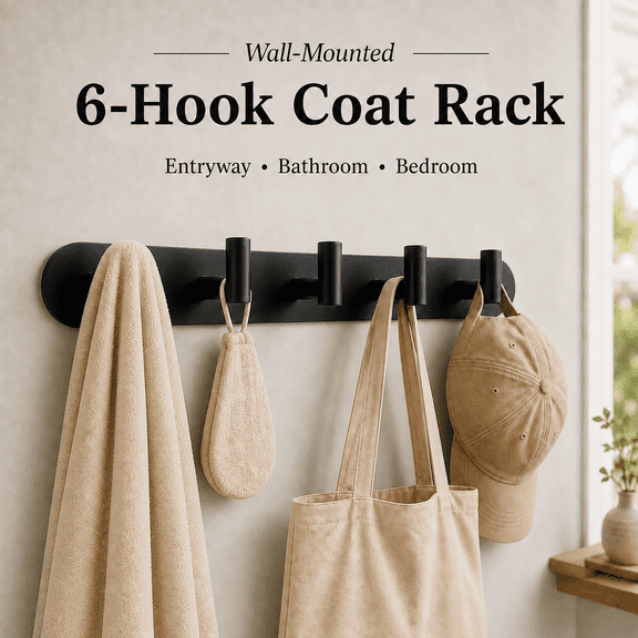 MORAVE Wall Mounted Coat Hook Rack with 6 Stainless Steel Hooks, Matte Black Hanger for Clothes, Jackets and Towels