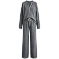 thumbnail image 5 of Women's Waffle Knit 2 Piece Tracksuit Outfit Henley Long Sleeve Top and Drawstring Wide Leg Pants Soft Comfy Loungewear Casual Travel Vacation Streetwear Set Gray, 5 of 5