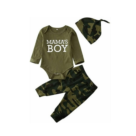 

IZhansean 3PCS Newborn Baby Boys Girls Romper Bodysuit Pants Camouflage Outfits Clothes MAMA S BOY 3-6 Months