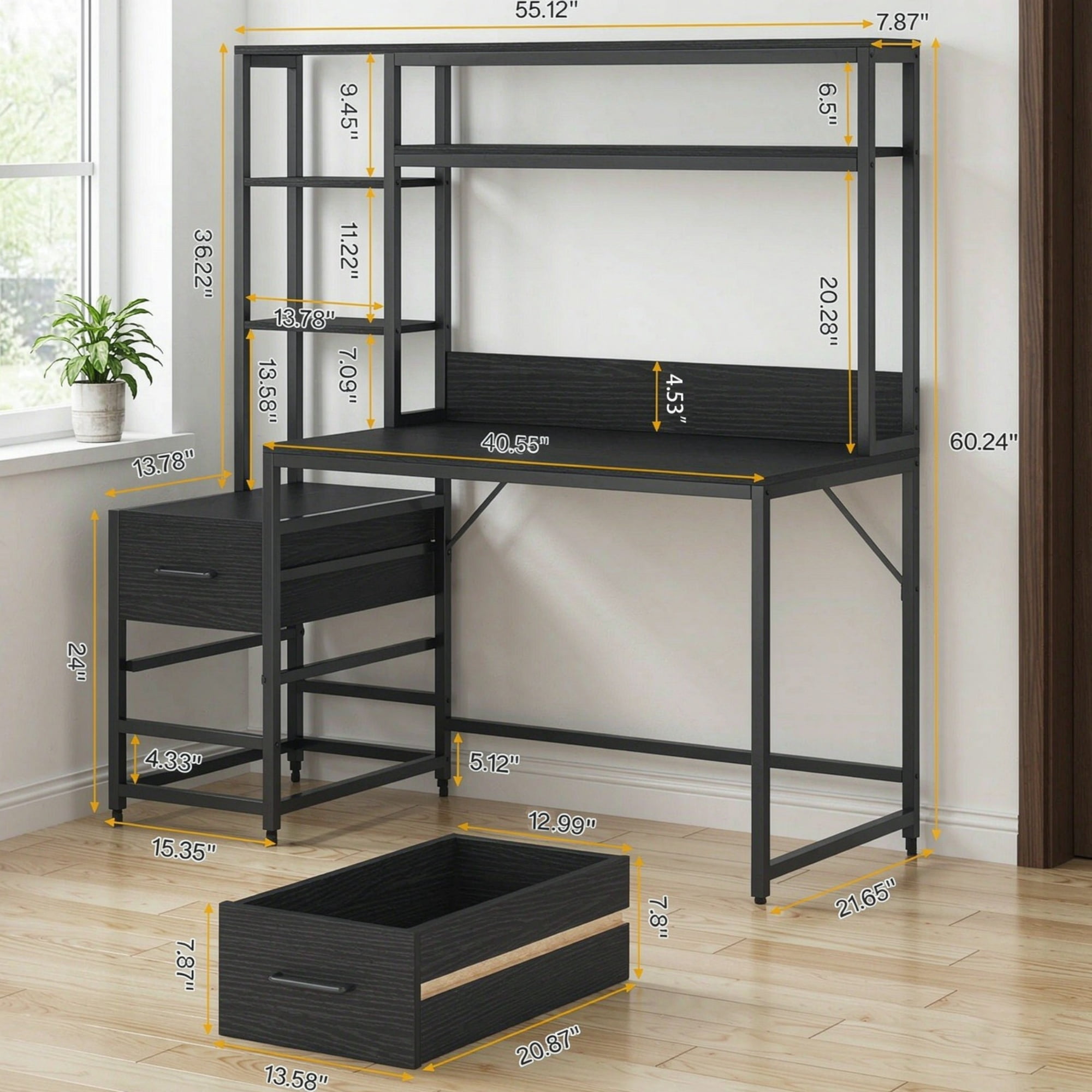 55 Inch Rustic Computer Desk with Drawers and Storage Shelves Home Office