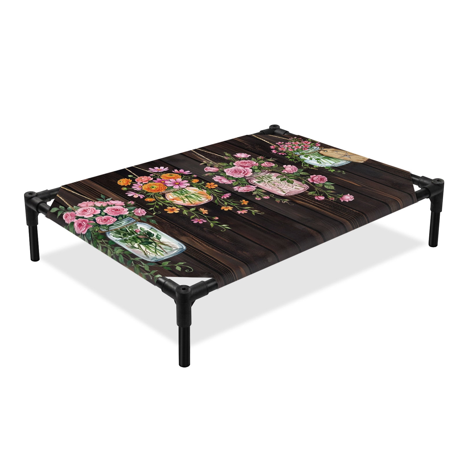 Vase Flowers Elevated Dog Bed Spring Pink Orange Floral Brown Wood Grain Cooling Breathable Outdoor Raised Dog Cot Bed with Metal Frame Non-Slip Feet for Medium Dog 24x20in