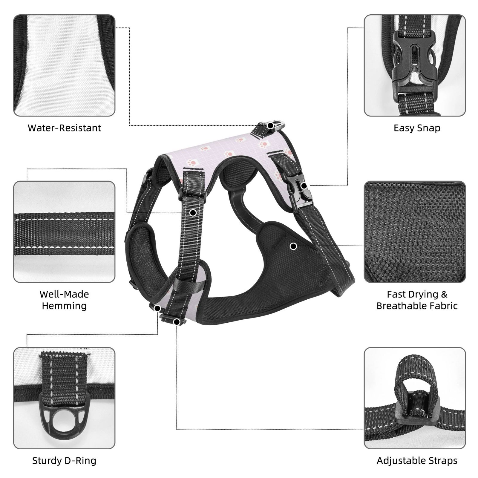 Vsdgher Kawaii Cat Paw Pattern Dog Harness,No Pull Pet Harness with Soft Padded Handle,Adjustable Reflective Vest with 2 Buckles,4 Slide Buckles,S-XL Medium