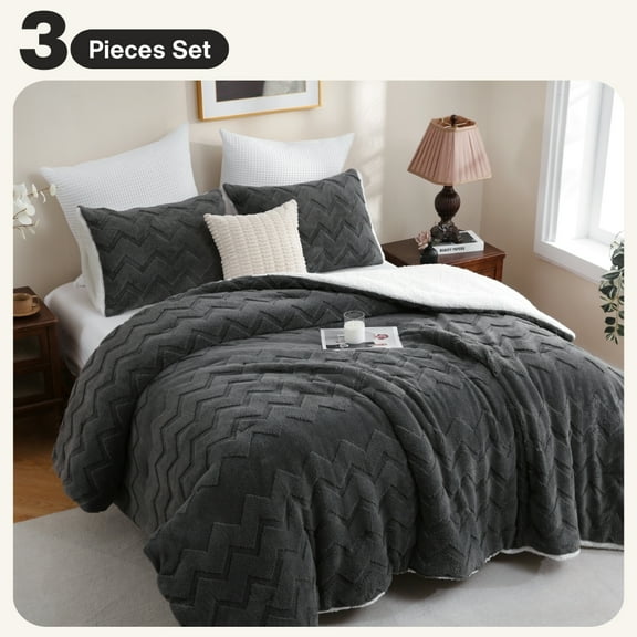 3 Pieces Fluffy Comforter Set - Super Soft Comforter for Bed, Luxury Warm Bedding Set for Winter, Fuzzy Bed Set 3pcs (1 Comforter, 2 Pillowcases), Dark Gray Queen