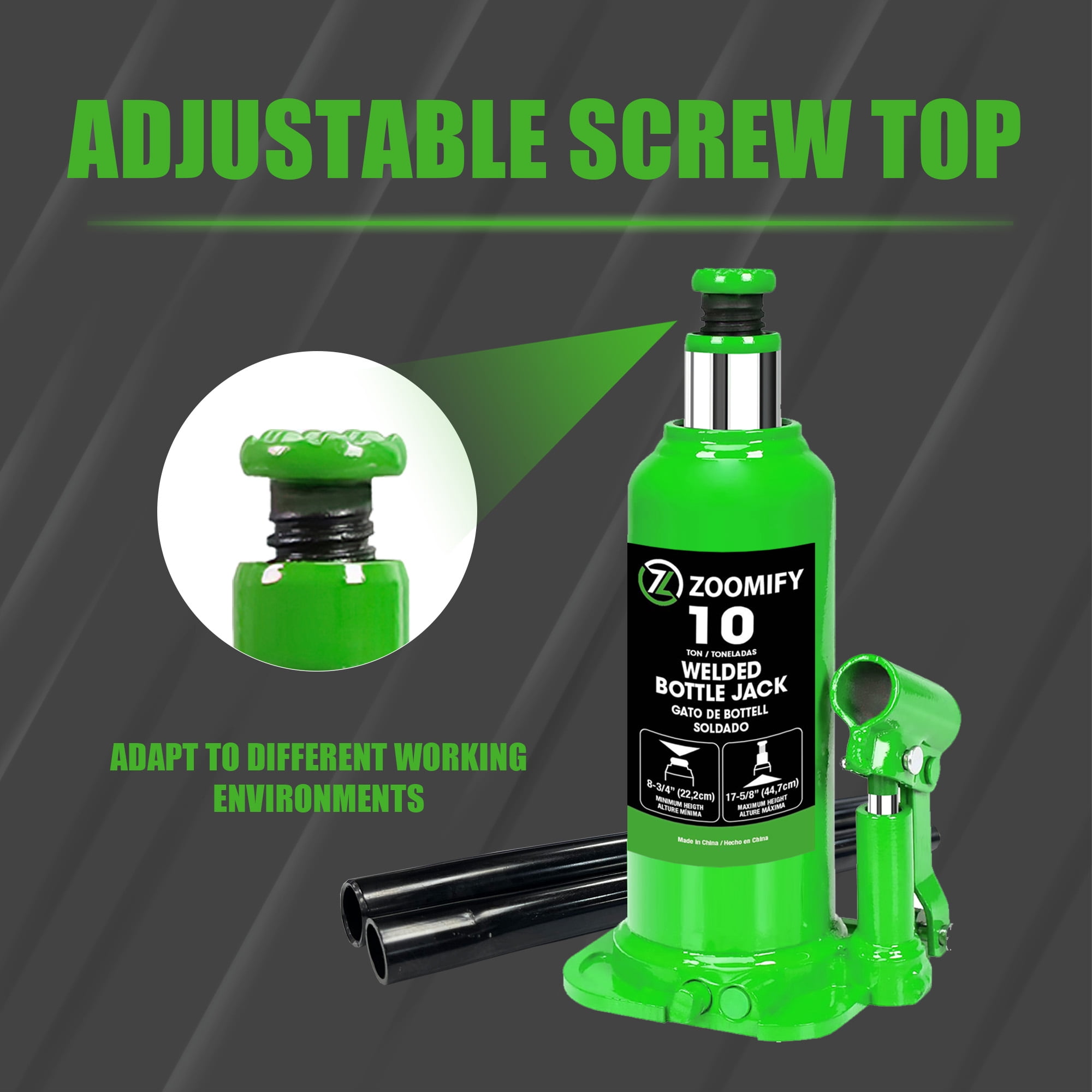 ZOOMIFY  10 Ton Bottle Jack Hydraulic Car Jack, Fit for Auto Truck Repair and House Lift, Green