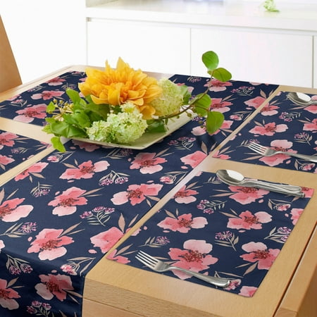 

Watercolor Table Runner & Placemats Nature Inspired Composition with Pink Garden Flora Vintage Petals Set for Dining Table Decor Placemat 4 pcs + Runner 14 x90 Navy Blue Coral by Ambesonne