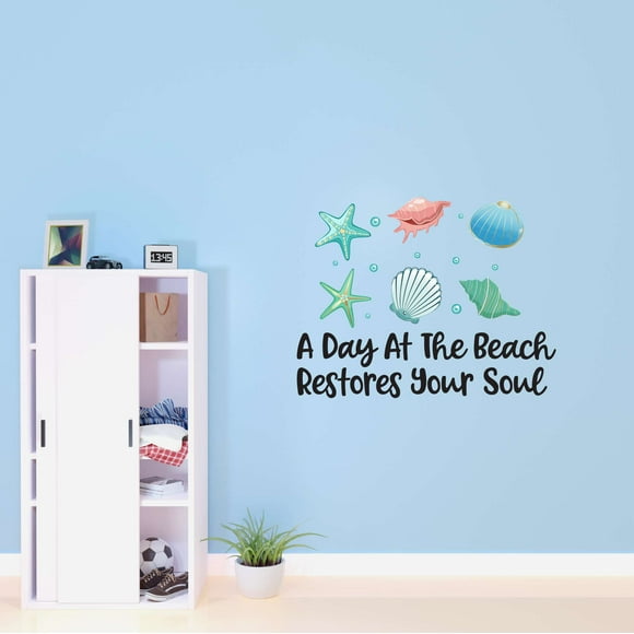 A Day At The Beach Restores Your Soul Beach Coast Seashore Coastline Sand Shipwreck Lakeshore Beach House Crab Surfing Boogie Board Bedroom Wall Decal Sticker - Size: 20 In X 16 In