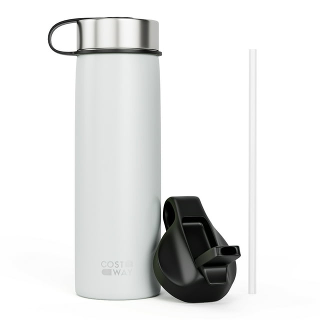 Costway Bouteille d'Eau Isolée à Double Paroi 22 oz en Acier Inoxydable avec 2 Couvercles et Paille