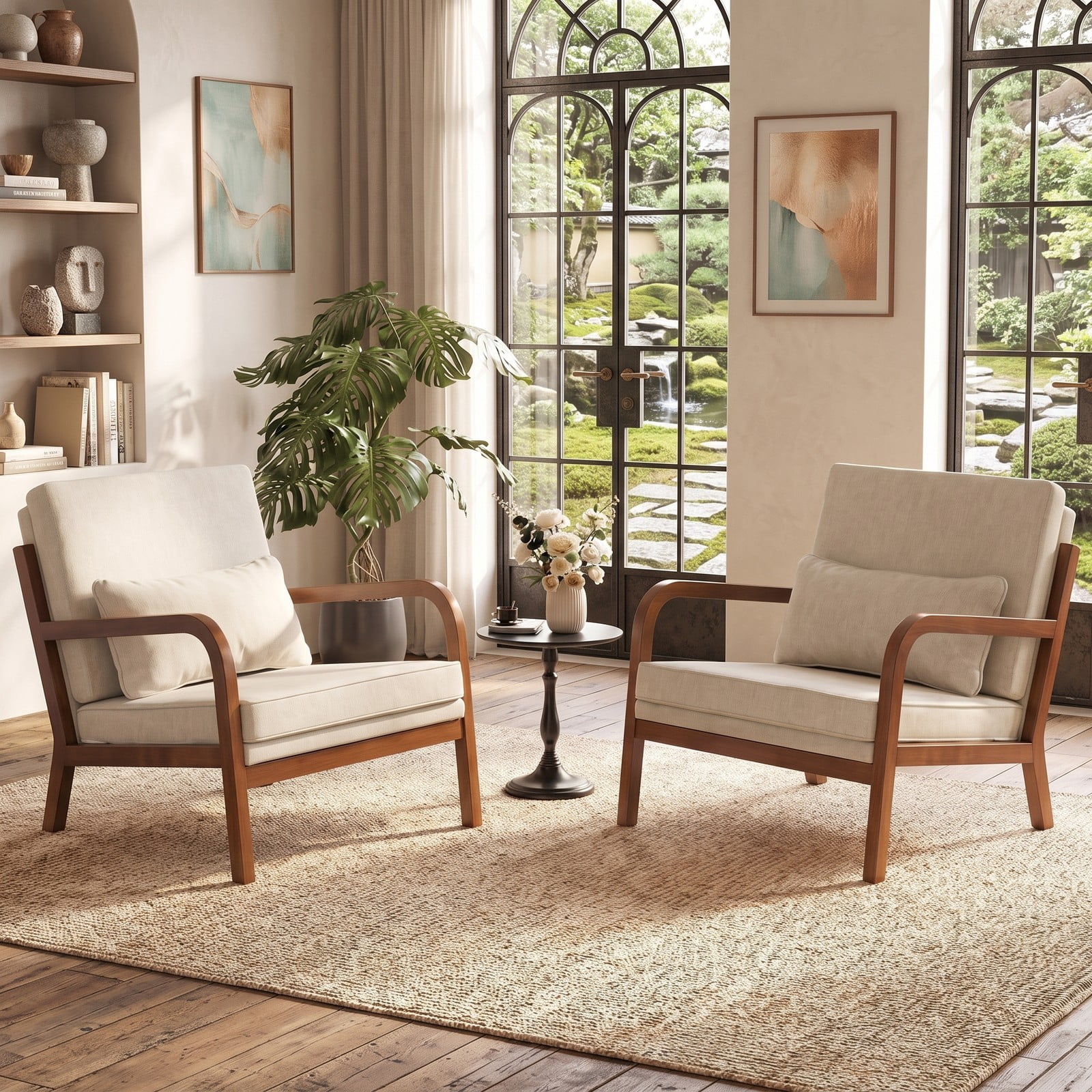 Furnibear Modern Accent Chair, Faux Leather Linen Fabric Upholstered Armchair with Removable Lumbar Pillow, Rubber Wood Frame Single Sofa Chair for Living Room, White