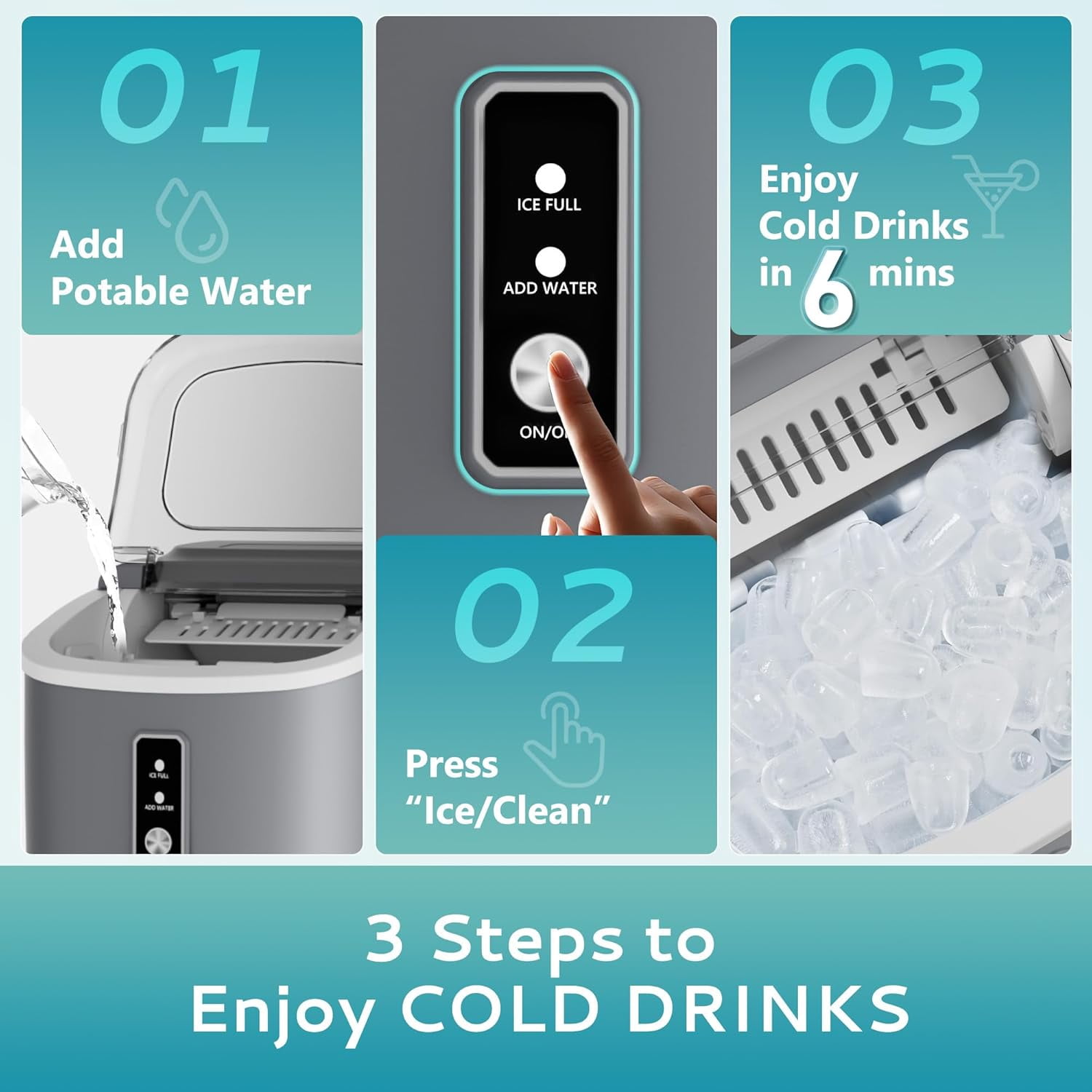 EUHOMY Countertop Ice Maker Machine with Handle, 26.5lbs Per Day, 9 Cubes in 6 Mins, Auto-Cleaning Portable Ice Maker with Basket and Scoop, for Home/Kitchen/Camping/RV (Grey)