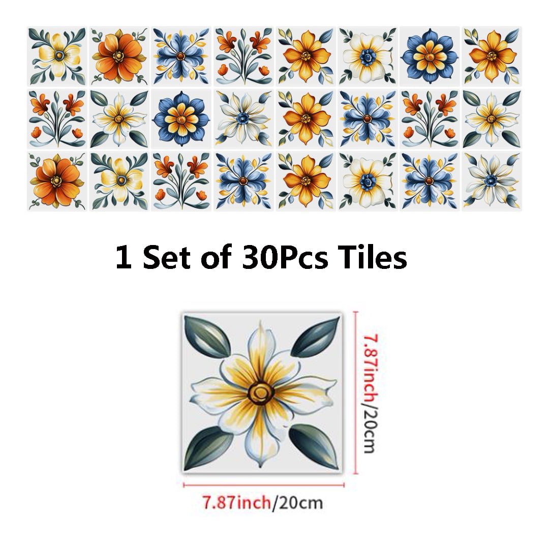 30 Pcs Kitchen Backsplash Tile Wall Sticker 7.87"x7.87" Removable Waterproof DIY Flowers Decals Peel and Stick Tiles Mural