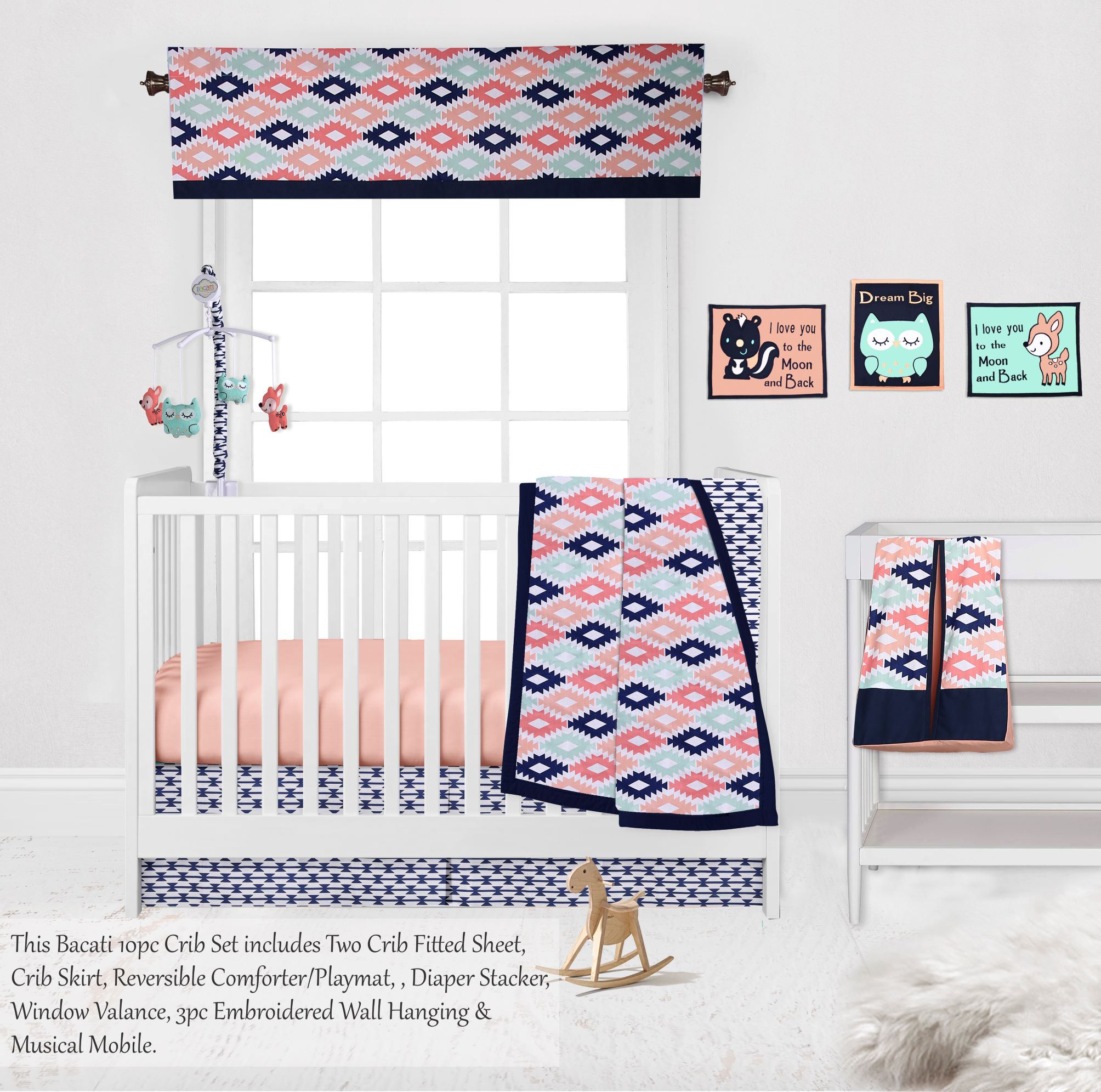 Bacati - Emma Aztec Coral/Mint/Navy 10-Piece Nursery in a Bag Crib Bedding Set 100% Cotton Percale Girls Crib Bedding Set with 2 crib fitted sheets