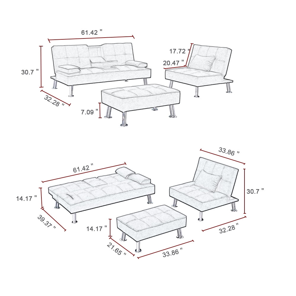Kepooman 3-Piece Modern Fabric Convertible Futon Sofa Set with 2 Cup Holders & Single Sofa & Ottoman, Black