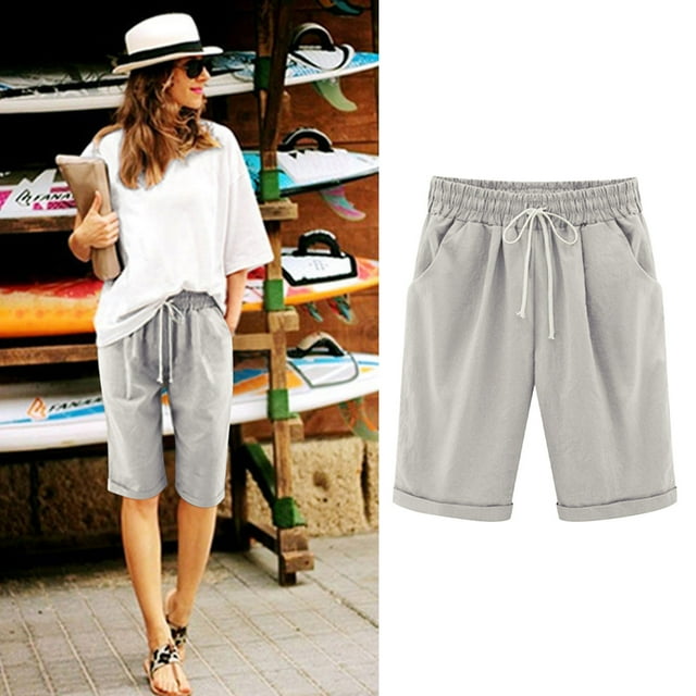 Gspmoly Shorts, Shorts pour Femmes de Couleur Unie à la Mode et au Tempérament, Pantalon et Shorts en Cinq Parties, Shorts de Randonnée pour Femmes jusqu'à 70 % de Rabais Gris TG