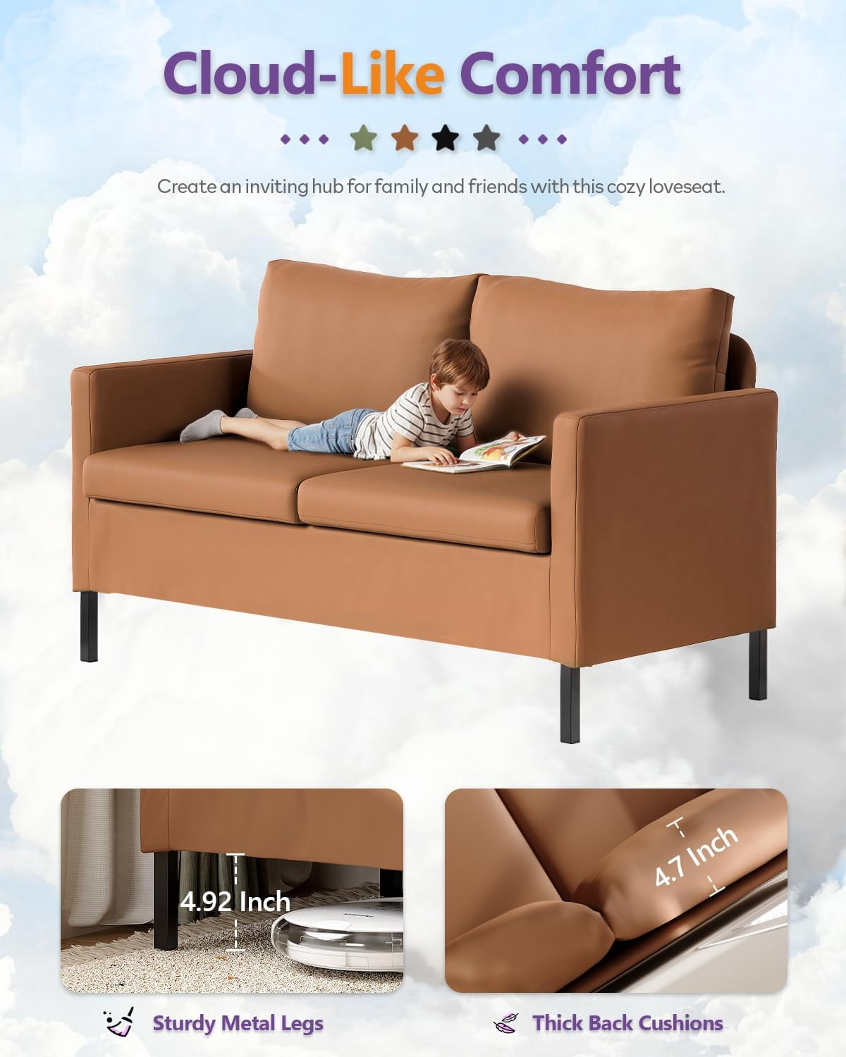 LAZZO 51" Modern Loveseat Sofa, 2-Seater Linen Fabric Couch for Bedroom & Office, Brown