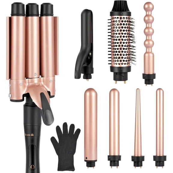 8 in 1 Curling Iron Set, Hair Curler Set with Curling Brush and 7 Interchangeable Ceramic curlers Wand, Hair Curler for Women All Hair Types and Travel Use