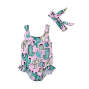 Wayren USA 2PCS Newborn Toddler Baby Girl Swimsuit Kids Strap Cartoon Swimwear One-piece Bikini Beachwear+Headband 0-3Years