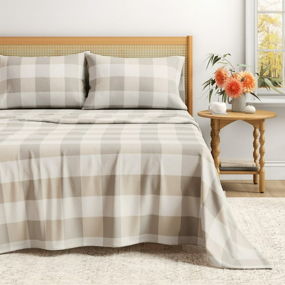 Great Bay Home Printed Flannel Sheet Set - 100% Turkish Cotton - Double Brushed - California King, Buffalo Check - Soft Taupe / Pale Grey