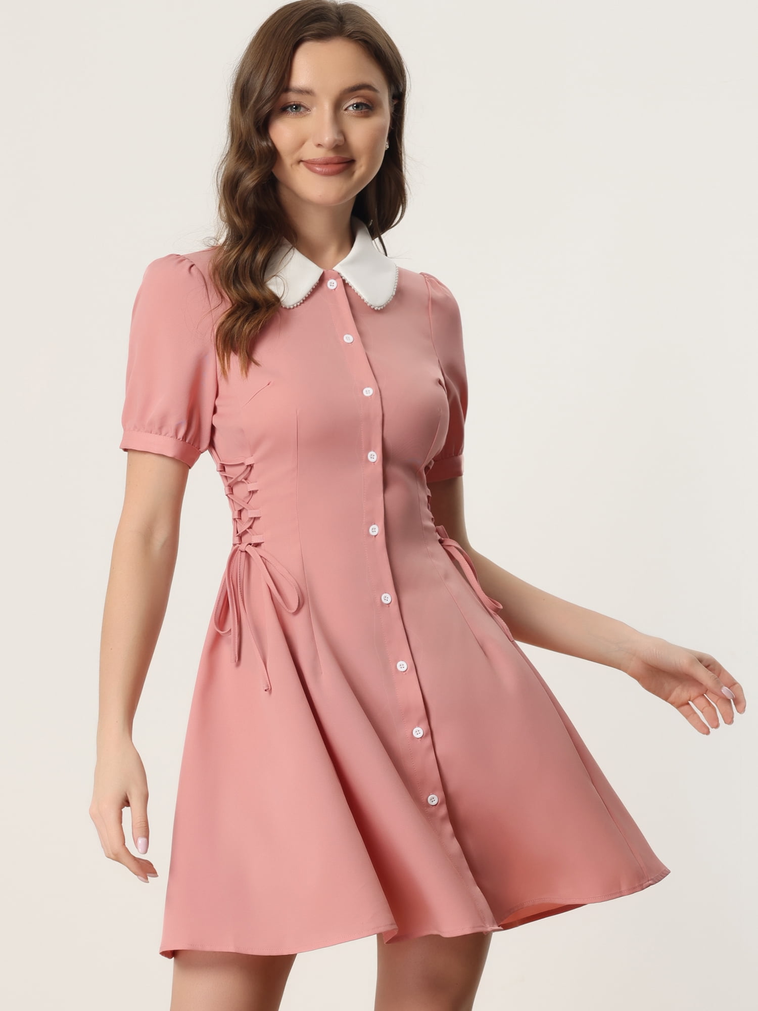 DARING DIVA Women's Contrast Button Down Lace up Dress M Pink