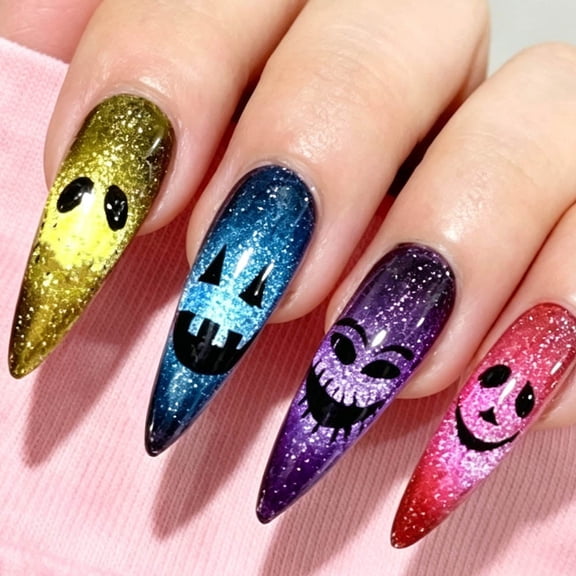 30Pcs Halloween Press On Nails Almond - Spooky Ghost Pumpkin Witch Design | Gothic Acrylic Holiday Press-On Nails with Ghost/Bat/Pumpkin,Reusable & Easy Apply, Ideal for Halloween Party