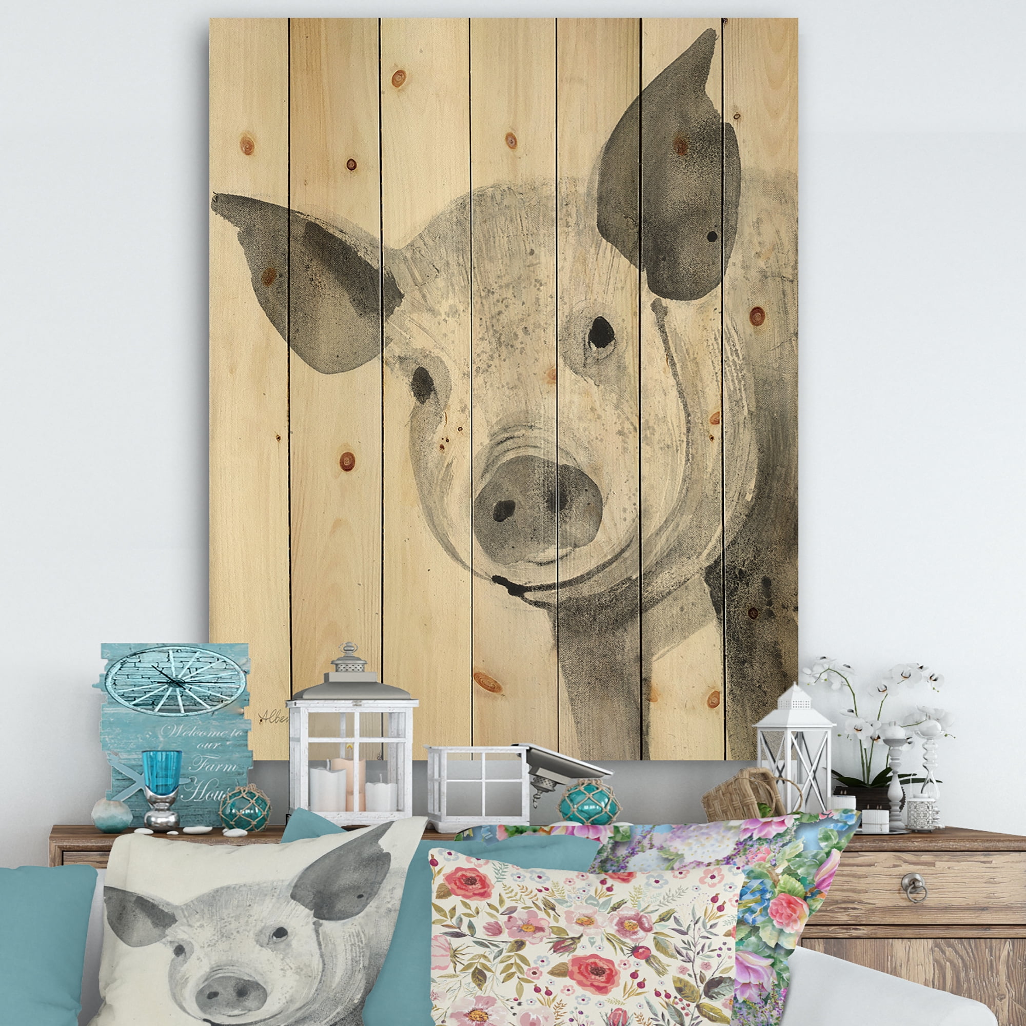 Designart 'Piglet Farmhouse Animal in Monochrome' Farmhouse Animals Print on Natural Pine Wood