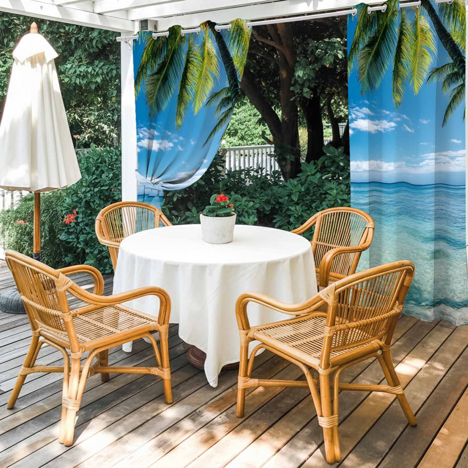 Summer Beach Landscape Outdoor Curtains for Patio, Coastal Ocean Palm Tree Blue Cloud Sky Wave Waterproof Outside Curtains Privacy Blackout Curtain for Porch Pergola Cabana, 2 Panel 54W x 84L Inch