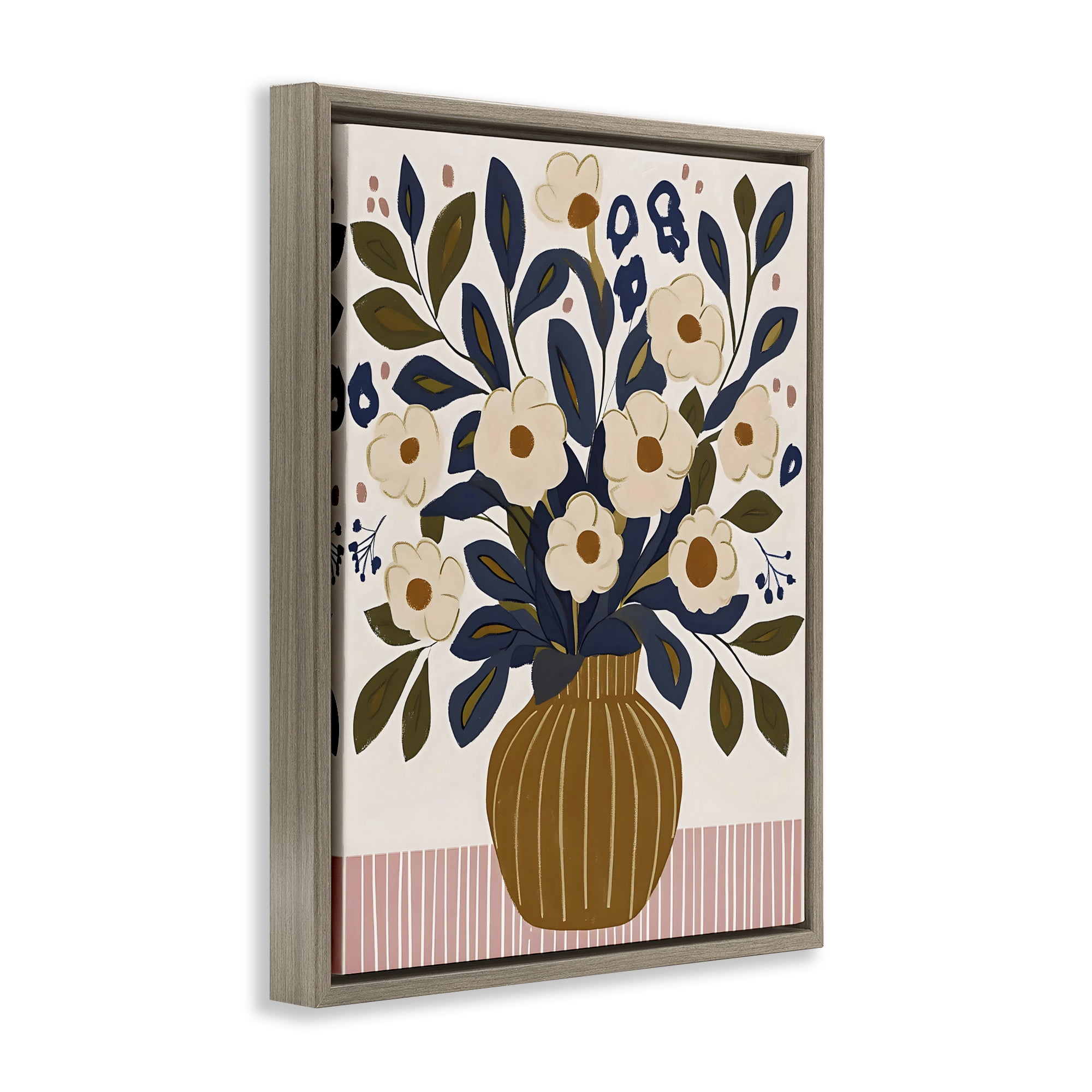 Stupell Industries Boho Floral Vase with Stripes Brown Framed Floater Canvas Wall Art, design by Creative Studio
