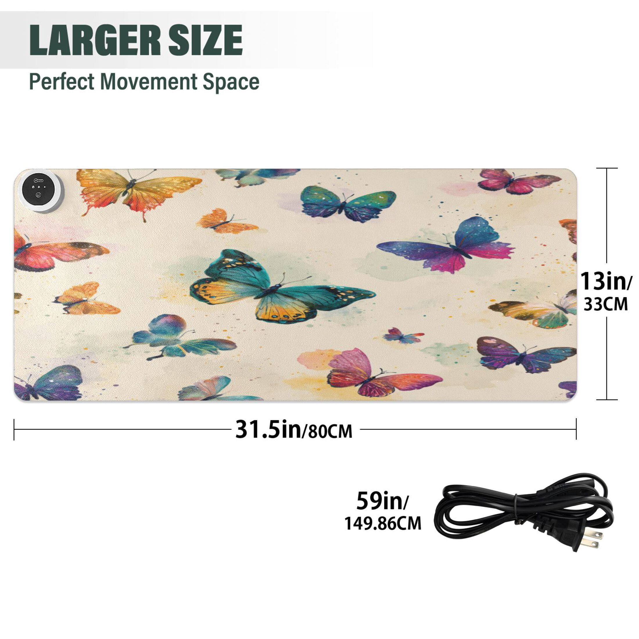 Large Heated Desk Mat Mouse Pad 31.5"x13"PU Leather Graphene Heating Desk Warmer with 3 Temperature Settings 110V US Plug Non-Slip Warm Pad for Home, Office, and Gaming Vibrant Polka Dot Butterfly