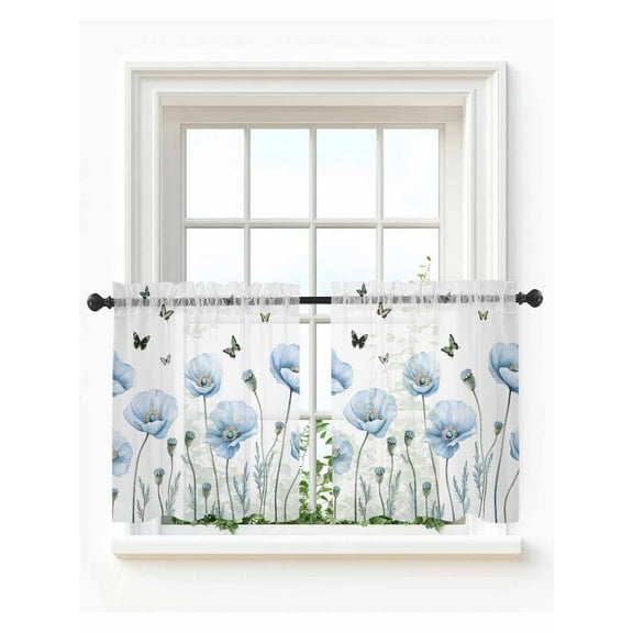 Blue Poppy Floral Tier Curtains 24 Inch Length,Sheer Curtains for Bedroom Living Room,Spring Pastoral Butterfly Botanical Rod Pocket Voile Drapes Kitchen Curtains for Small Window 27.5"x24" 2 Panels