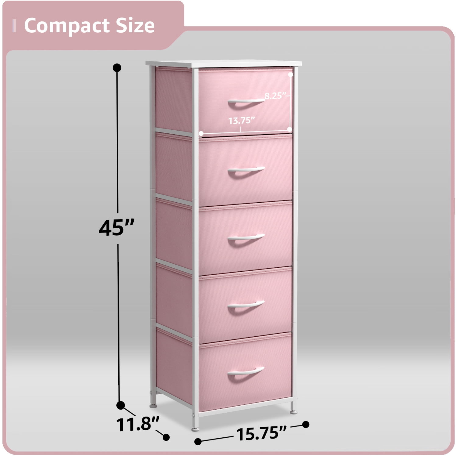Sorbus Fabric Dresser for Kids – 5-Drawer Storage Tower, Clothing Organizer for Bedroom, Closet, Playroom & Nursery – Steel Frame, Fabric Bins with Wood Handles, Pink