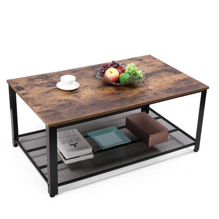 - Jaxpety 2-Tier Cocktail Wood Coffee Table Rectangular Living Room Furniture w/ Storage Shelf