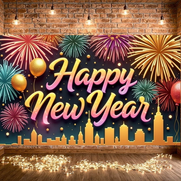 Colorful Fireworks Happy New Year Banner Golden Balloons New Year Display Festive City Skyline Design Festive Backdrop for New Year Party Holiday Celebration Indoor Decoration