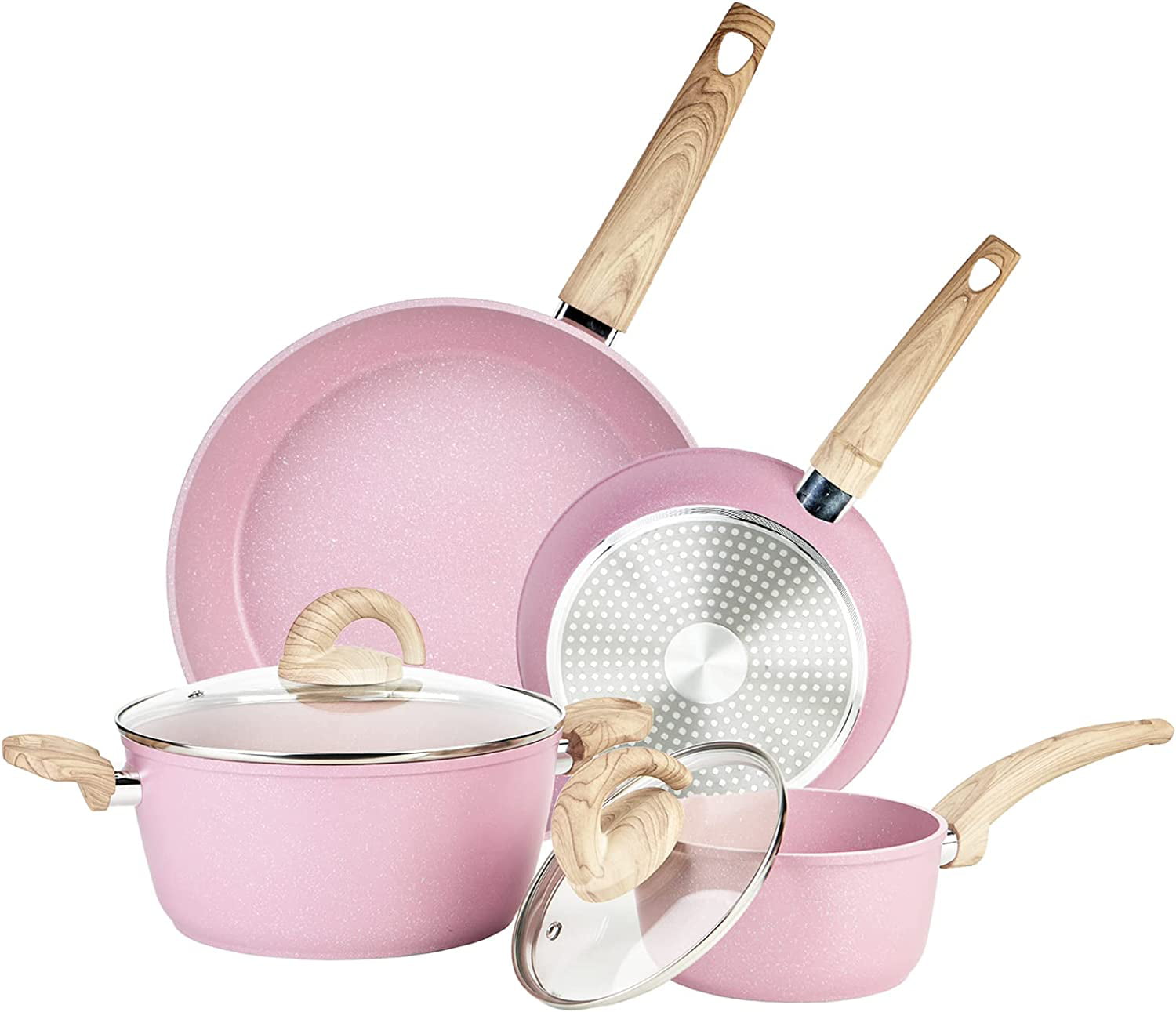 ROLTIN 7Pcs/ Set Cookware Set Kitchenware Saucepan Cooking Pot and Pan Set  Non- St?ck Granite Stainless Steel Kitchen (Color : Black) (Pink Variety